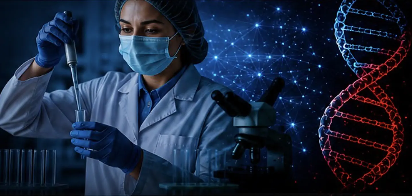 Laboratuvarda pipetle çalışan araştırmacı ve DNA sarmalı