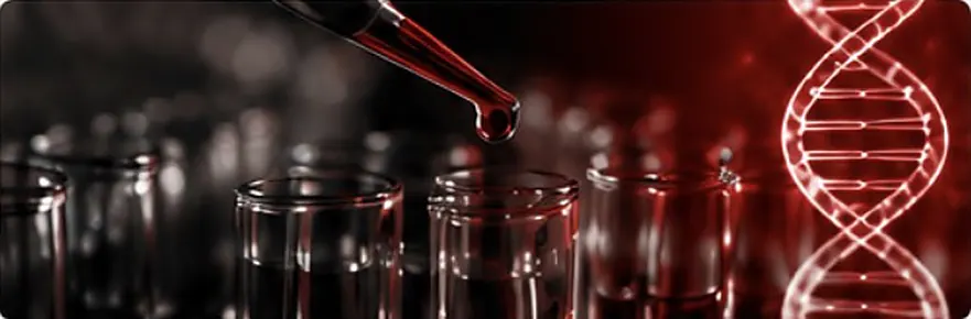 Deney tüplerine damlatılan kırmızı sıvı ve DNA sarmalı
